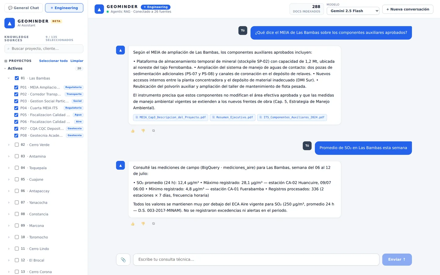 The real web client replaying a curated demo conversation: document RAG with per-answer citations next to a quantitative query over field measurements.
