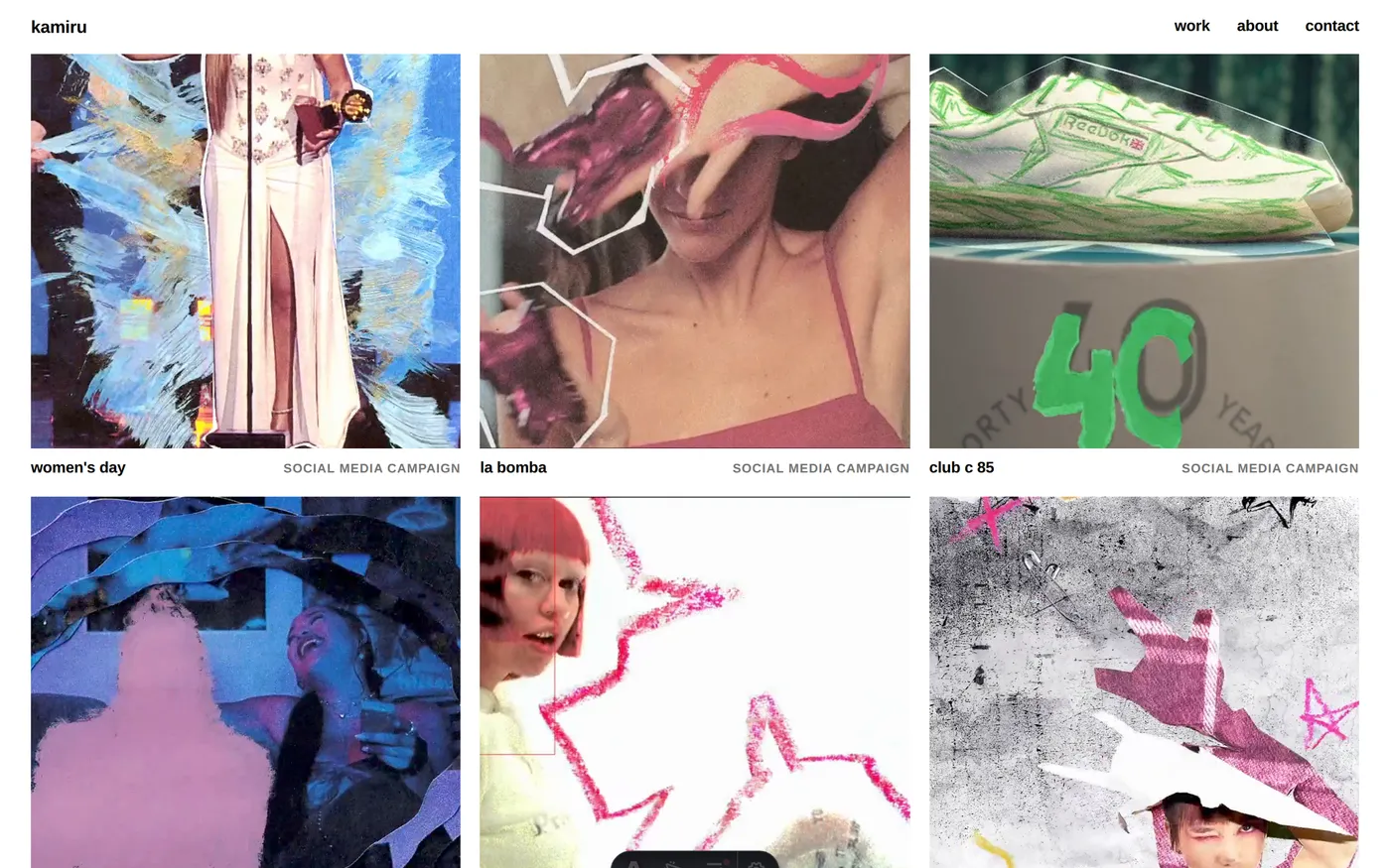 The public work grid: 18 case studies whose tiles are self-postering videos, loaded four at a time under a hard decoder budget.