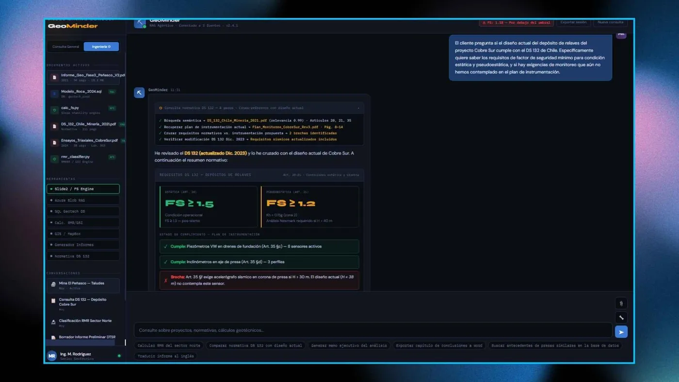 Normative cross-reference: the agent checks the current design against DS 132 and flags compliance gaps.