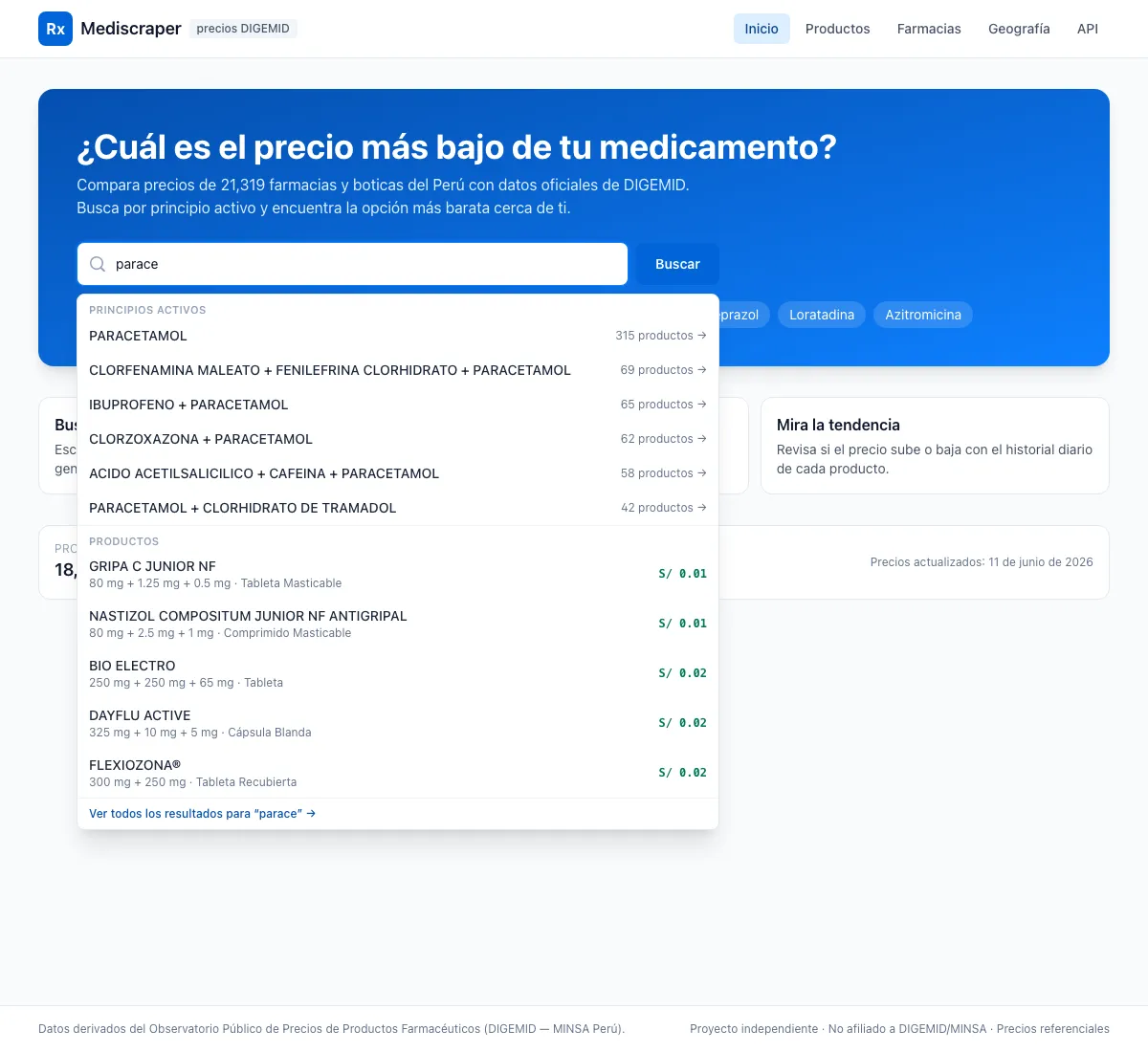 Autocomplete over an 18k-product master rebuilt daily from official data.